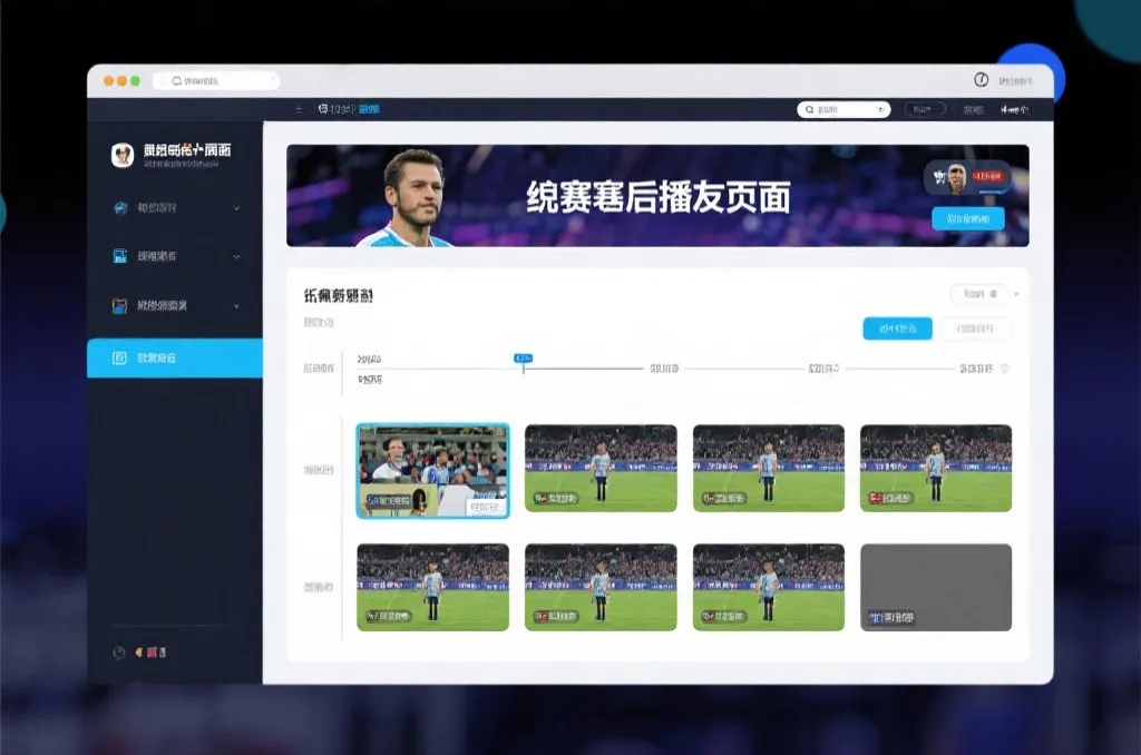 比赛结束后，电视屏幕展示集锦回放页面，旁边有时间轴和多角度切换提示